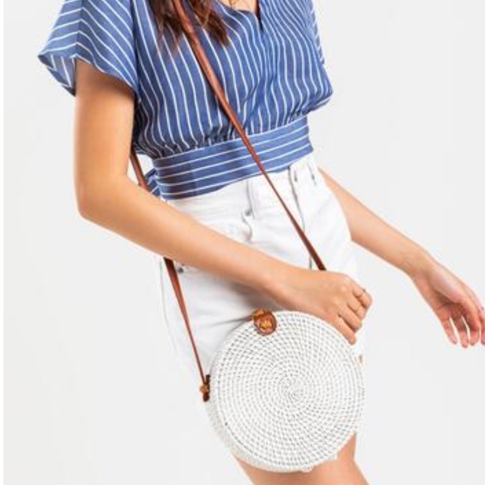NWT white rattan w leather strap basket straw crossbody